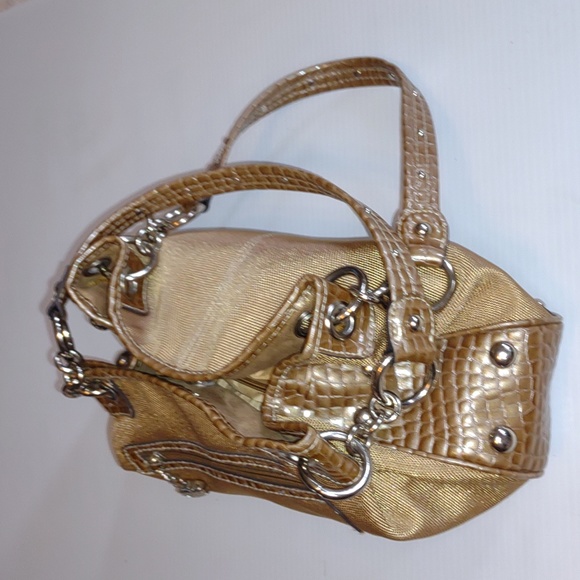 🐰☮VINTAGE☮ KATHY VAN ZEELAND Gold Fabric/Croc Leather Hobo - Picture 8 of 13